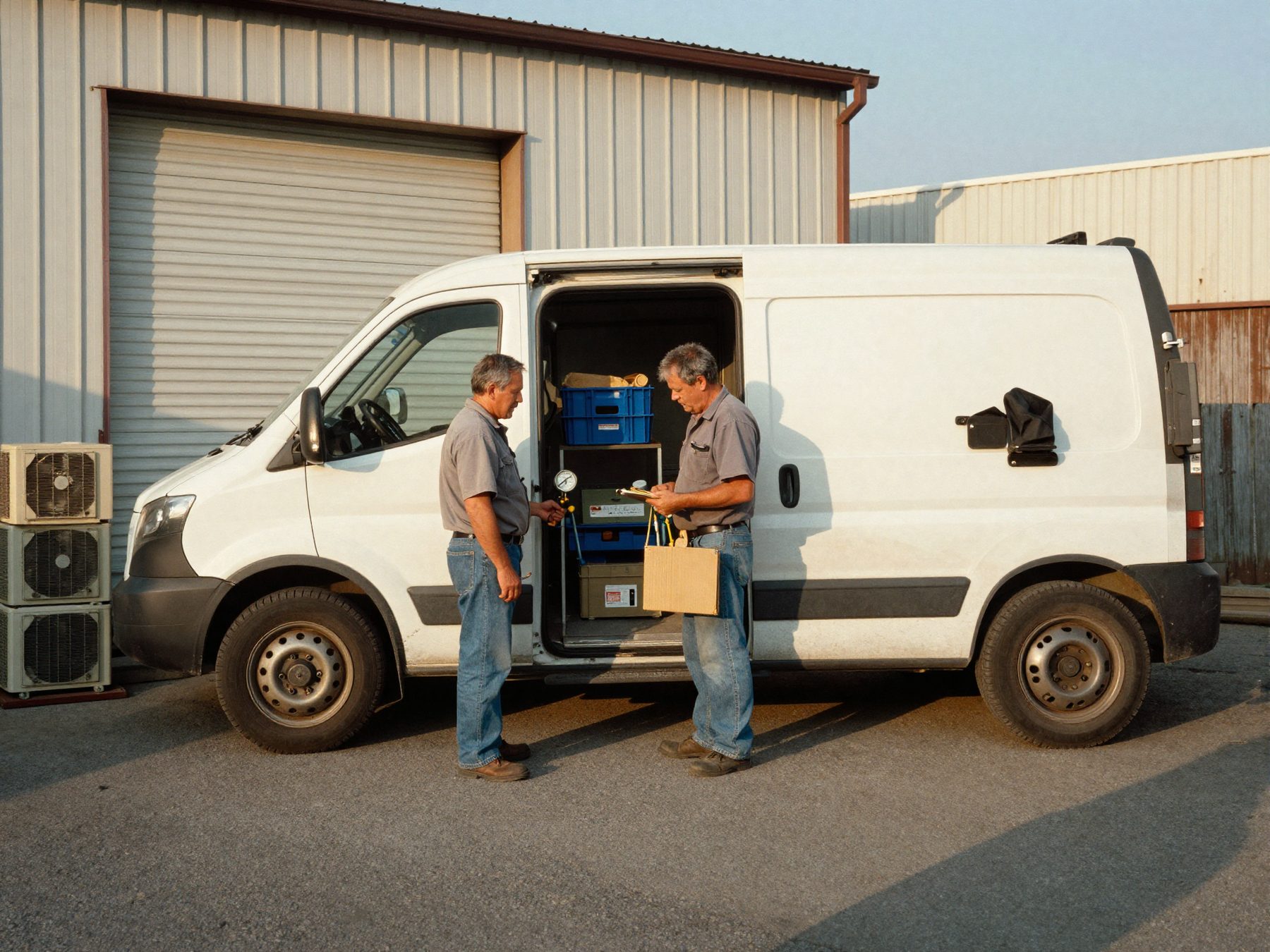 Two technicians in work shirts standing at the open side door of the service van in the shop lot in late afternoon light, one holding a gauge manifold and one a clipboard