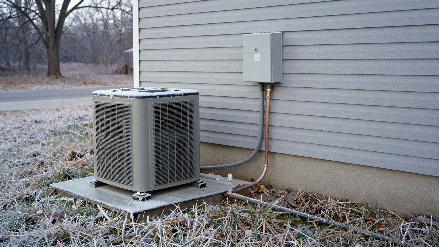 An outdoor heat pump on a raised pad beside grey siding on a frosted January morning, hard frost on the grass and on the top grille, a copper line set running up to a disconnect box on the wall