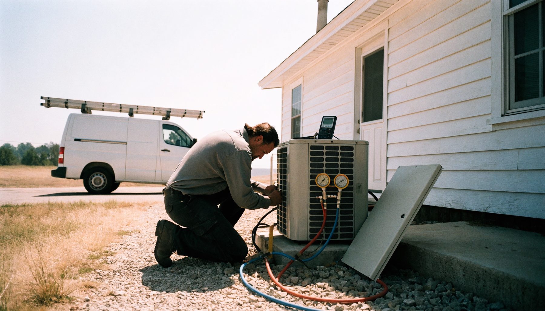 A technician kneeling on the gravel beside a house condenser on a hot afternoon, the electrical panel cover off and gauges hooked to the service ports, the service van in the driveway behind