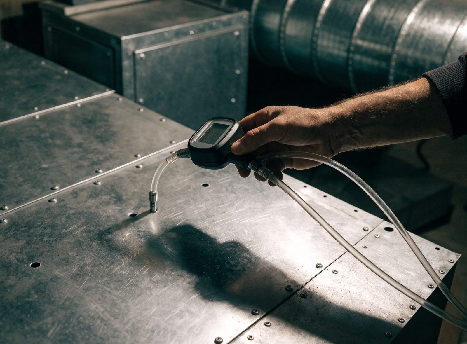 A digital manometer held in a technician's hand with two clear hoses running into test ports drilled in a furnace supply plenum in a dim basement